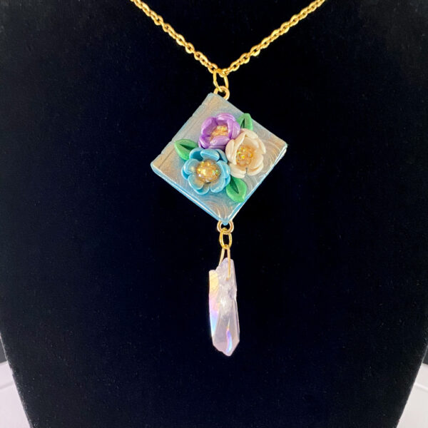 Teal Book Blossom & Crystal Sculpted Clay Necklace