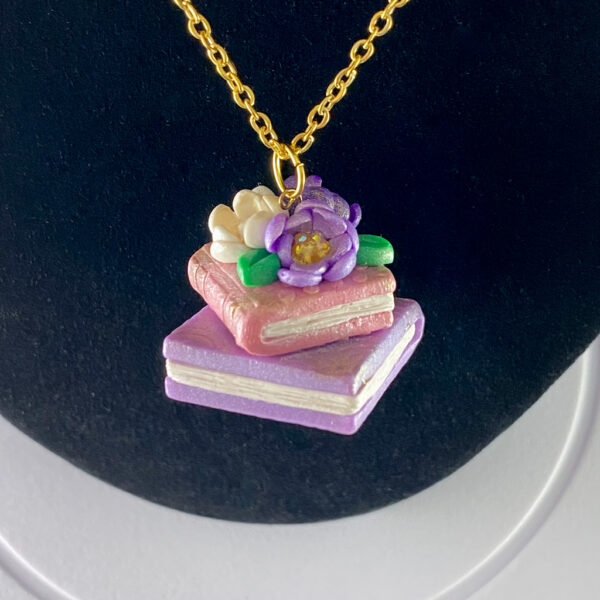 Pink & Purple Book Blossom Stack Sculpted Clay Necklace