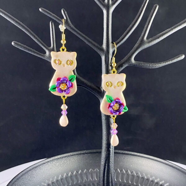 Pink & Purple Floral Cat Sculpted Clay Earrings