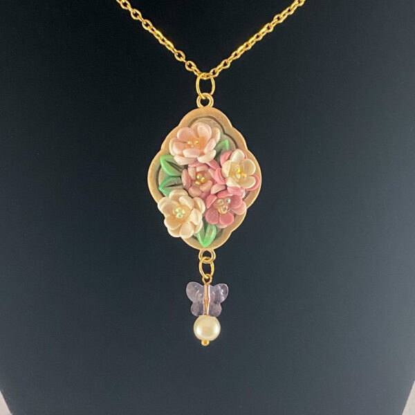 Pink & Gold Floral Frame Sculpted Clay Necklace