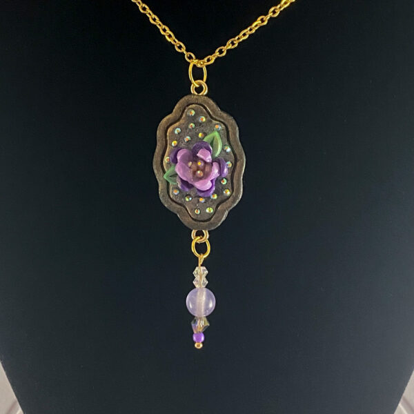 Black & Purple Floral Frame Sculpted Clay Necklace