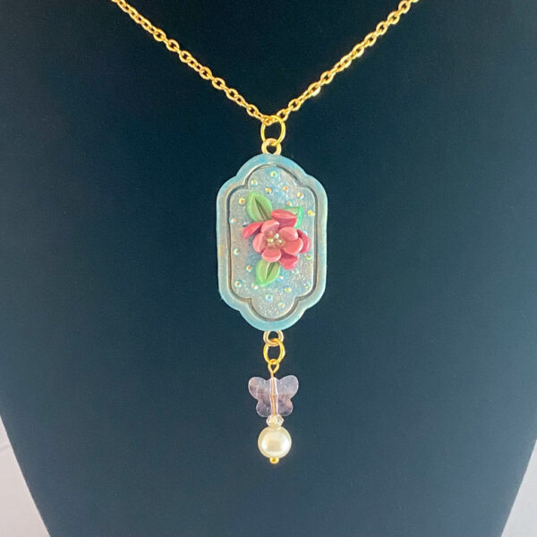 Teal & Pink Floral Frame Sculpted Clay Necklace