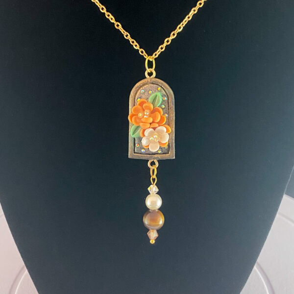Black & Orange Floral Frame Sculpted Clay Necklace