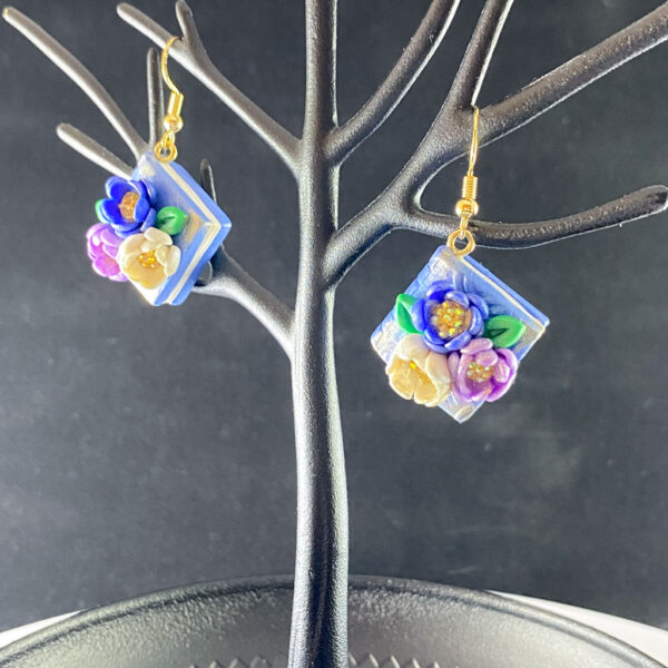 Blue & Purple Book Blossom Sculpted Clay Earrings