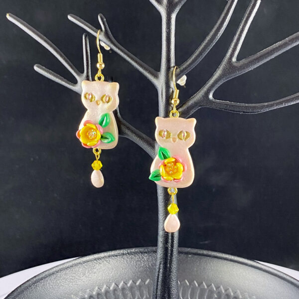 Pink & Yellow Floral Cat Sculpted Clay Earrings