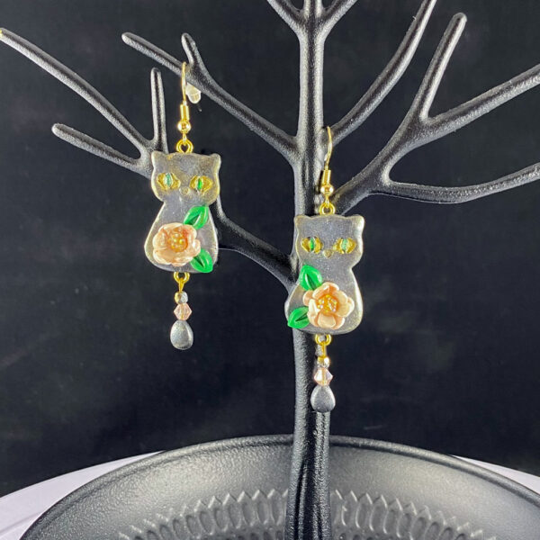 Black & Pink Floral Cat Sculpted Clay Earrings