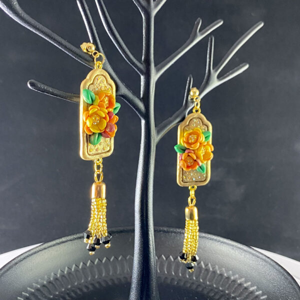 Gold & Orange Floral Frame Beaded Clay Earrings