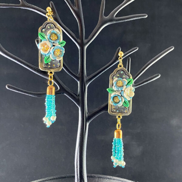 Black & Teal Floral Frame Beaded Clay Earrings