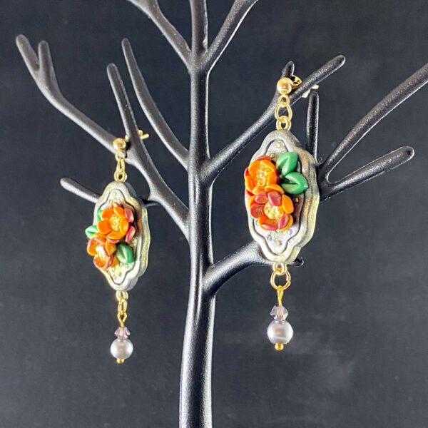 Black & Orange Floral Frame Sculpted Clay Earrings