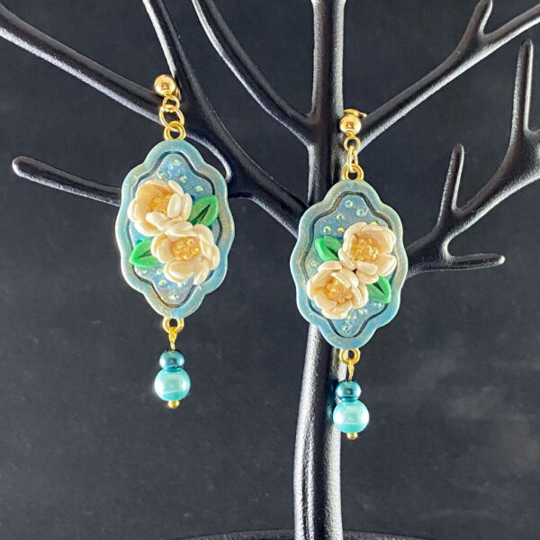 Teal & Gold Floral Frame Sculpted Clay Earrings