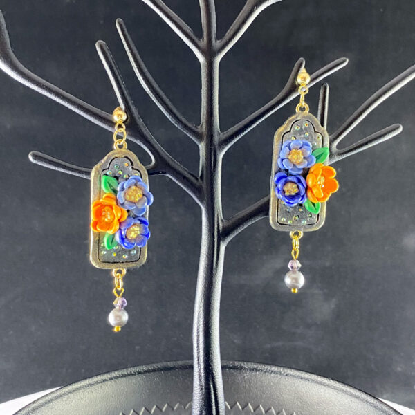 Blue & Orange Floral Frame Sculpted Clay Earrings