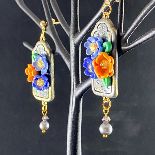 Blue & Orange Floral Frame Sculpted Clay Earrings